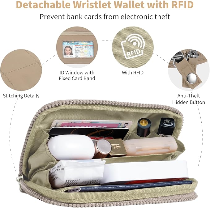 Clip and Go Strap for Phone with Wallet Crossbody Phone Lanyard with Anti-Theft Zipper Pouch Detachable Quilted Wrist Wallet with RFID and ID Window for Daily and Travel Khaki Large