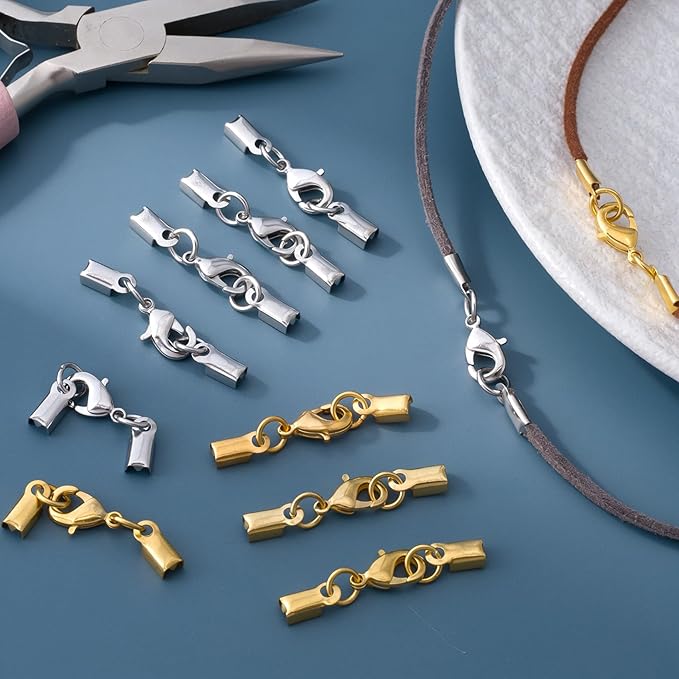 OIIKI 6pcs Cord End Caps with Lobster Clasp, 4mm Leather Cord Ends Jewelry Clasps, Brass Barrel Terminators Leather Jewelry Connector for DIY Necklaces Bracelets Keychains- Gold & Silver