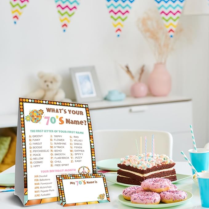 What's Your 1970's Name Game, 1 Double Sided Sign & 30 Sticker Cards, Disco Themed Birthday Party Games for Adults & Kids, Perfect for 70's Themed Party Decorations, Fun for 30 People
