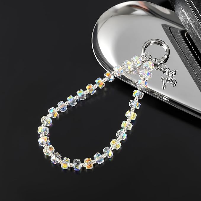 Crystal Phone Wrist Strap Phone Charm Chain Keychain Beaded Cellphone Lanyard with Tether Tab Hands-Free Wristlet Bracelet Wrist Grip Strap for Women, W-Crystal AB