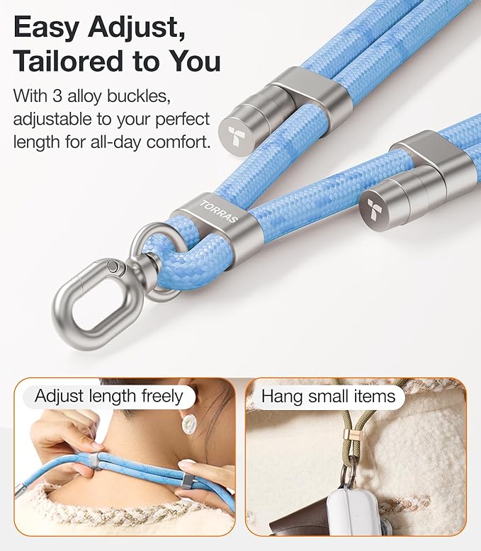 TORRAS Phone Lanyard Crossbody with 2 Phone Tabs, Adjustable Anti Theft Phone Strap for Phones, Premium Metal Buckles, Skin-Friendly, Universal Cell Phone Neck lanyard for Women and Men, Light Blue