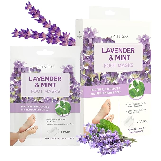 Skin 2.0 Lavender & Mint Foot Masks - Relieves Swollen Feet, Removes Odor, Relaxing & Hydrating - Dermatologist Tested Korean Skincare - Clean Beauty, Cruelty-Free, All Skin Types - 3 Pairs