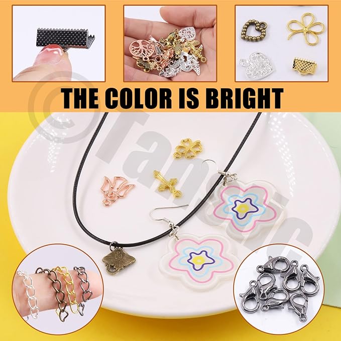 Tanstic 430Pcs Black Ribbon Ends Fastener Clasps Kit, Bookmark Pinch Crimp Ends with Open Jump Rings, Lobster Claw Clasps, Chain Extenders and Pendant Charms for DIY Crafts