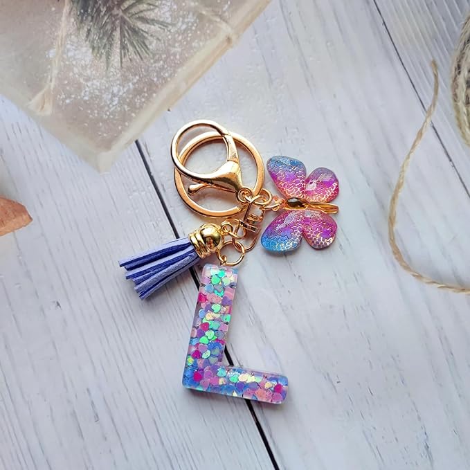 Cute Initial Letter Keychains for Women Girls Tassel Butterfly Pink Purple Green Keychain for Backpack School Bag