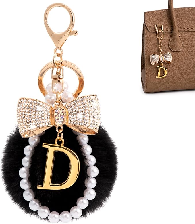 Gold Initial Keychain with Rhinestone Bow & Black Pom Pom, Cute Letter Bag Charm for Women Purse and Car Keys