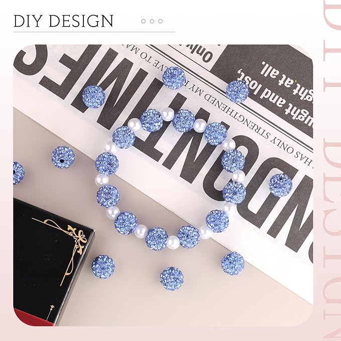200 Pcs Light Sky Blue Rhinestone Beads for Jewelry Making, Sparkle Crystal Clay Christmas for Bracelet Baseball Necklace Earring Crafting and DIY, Shiny Round Shamballa Disco Ball Beads Bulk