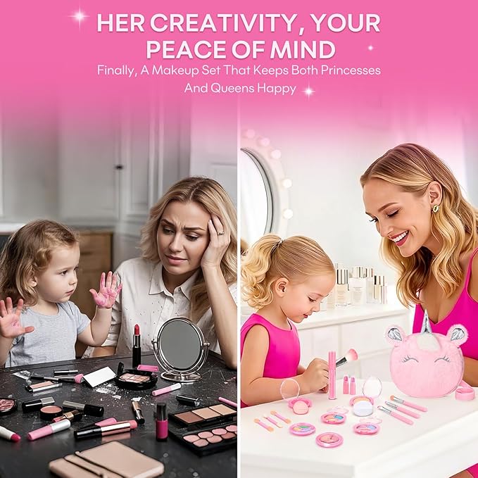 Kids Real Makeup Kit for Girls 3-10 Years Old : Washable Non Toxic Make Up Toys for Toddler Valentines Day Gifts - 17Pcs Vanity Sets with Unicorn Purse for Kid Ages 3 4 5 6 7 8 Birthday Gift - Pink