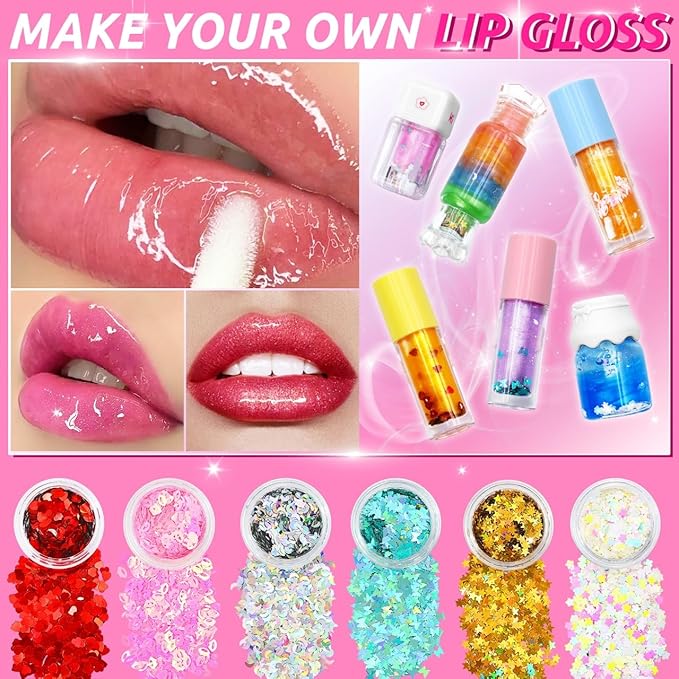 WhizToys 74PCS DIY Lip Gloss Making Kit，Make Your Own Lip Glosses Set Moisturizing Lip Glaze Handmade Glittery Set for Makeup Lover Beginner Teen Girl Gifts，200ml Lipgloss Base