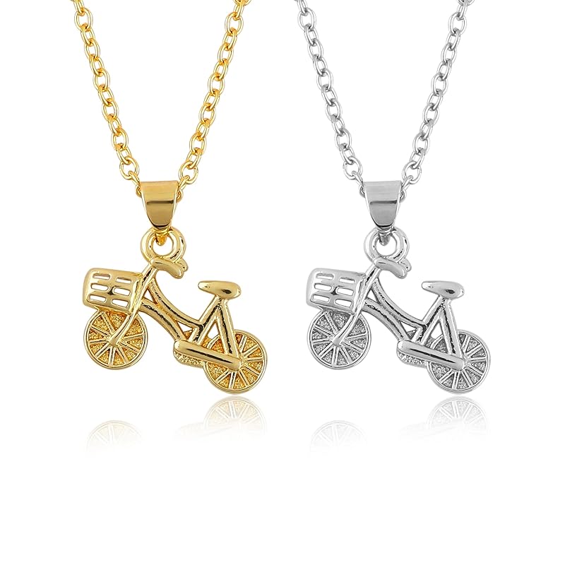 JOR Cycle Charm Pendant Necklace, Travel Lover Charm, Women Jewelry, Dainty Gold & Silver Plated Combo Chain 18 inch (Pack of 2)