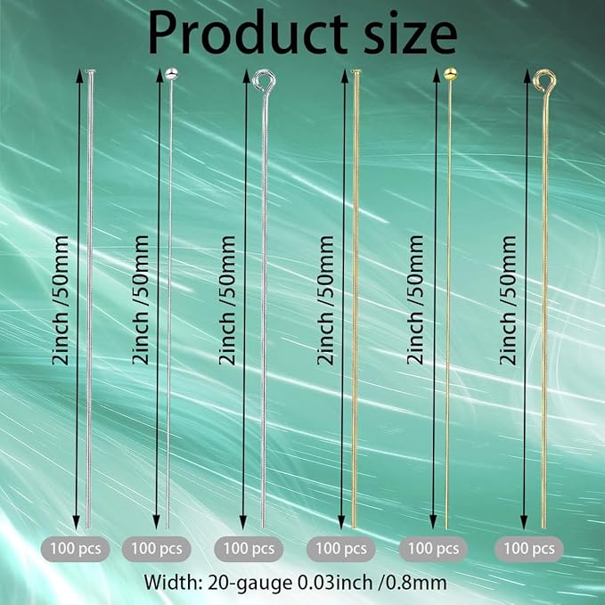 600 Pieces 2 Inch Flat Head Pins Eye Pins for Jewelry Making DIY, Straight Bendable Ball Headpin Gold and Sliver Jewelry Metal End Headpins for Craft Earring Necklace Bracelet Pendant Supplies