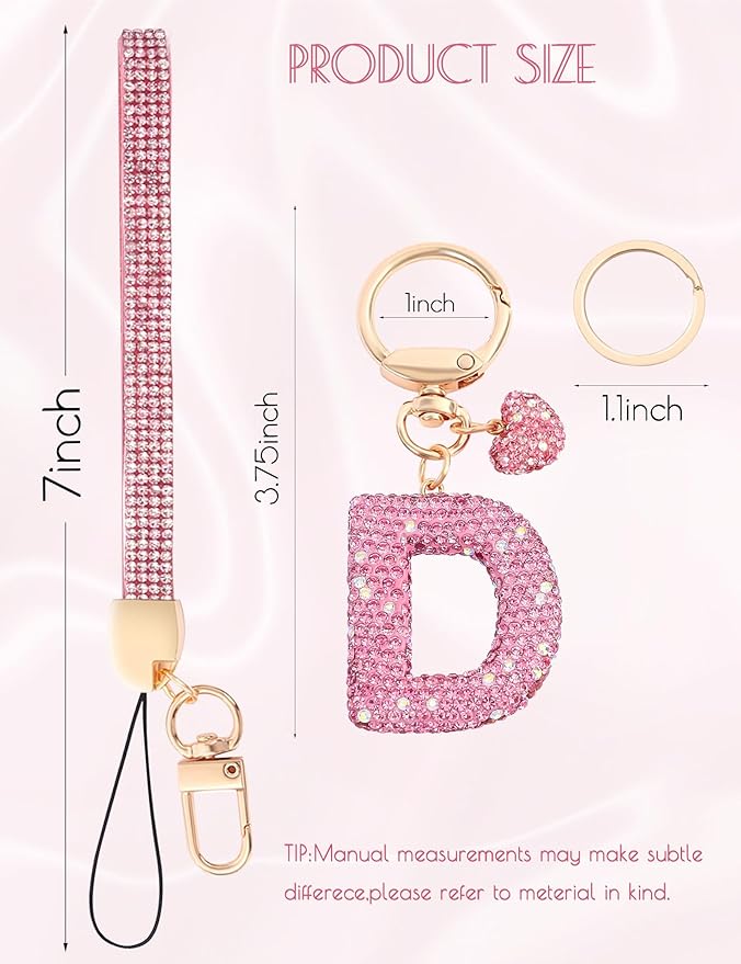 Initial Keychain for Women Girls,Bling Letter Key chain Initial with Heart,Pink Keychain Charms for Backpack Handbag