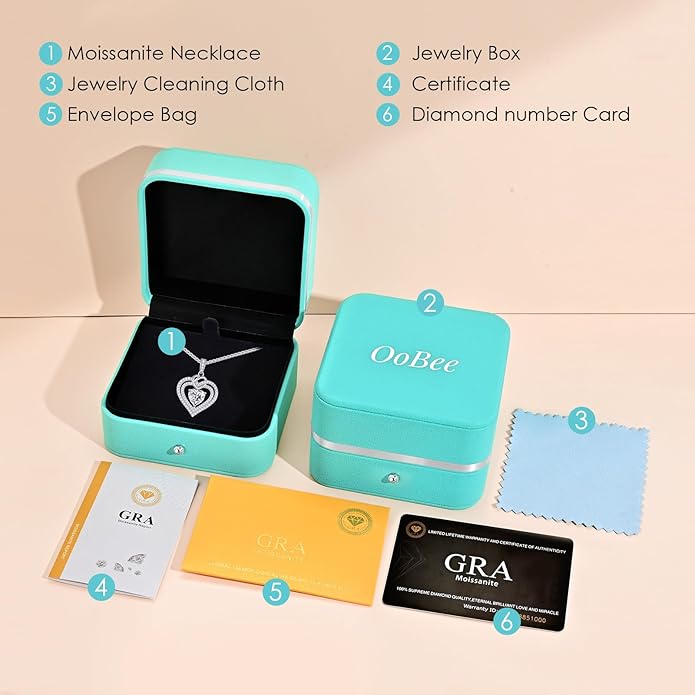 OOBEE Moissanite Heart Necklaces for Women, 1- 4 Carat Moissanite 925 Sterling Silver Gold Plating Fine Women Necklace，Ideal Anniversary Birthday Christmas Valentine Mothers Day Jewelry Gifts for Mom Wife Her Girlfriend
