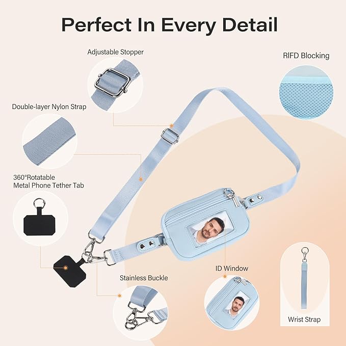 Phone Lanyard Crossbody with Wallet，Detachable Phone Strap Wristlet with ID Window and Zipper，Adjustable Strap for All Phone