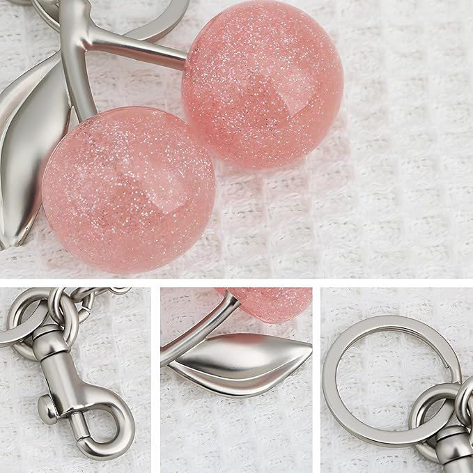 Cherry Keychain for Purse - Resin Alloy Silver Cherry Bag Charm，Cute Fruit Accessory for Women/Gift/Home/Car