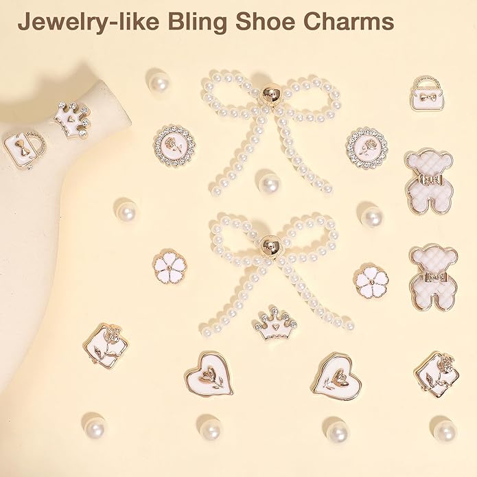 24Pcs Bling Pearl Bow Shoe Charms for Clog Sandals Women, Bear, Flower, Pearl Accessories, DIY Shoe Decoration Charms for Girls