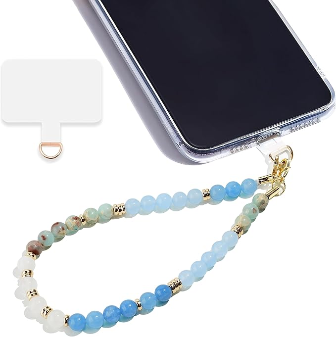 Marble Beaded Phone Wrist Strap,Detachable Phone Bracelet Strap with Tether Tab,Hands-Free Wristlet Strap (Blue white Jade)