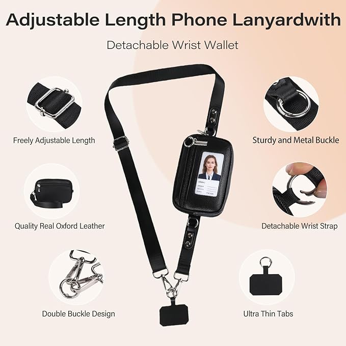 Phone Lanyard Crossbody with Wallet，Detachable Phone Strap Wristlet with ID Window and Zipper，Adjustable Strap for All Phone