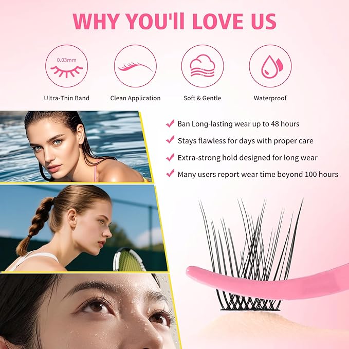 Gyinsoo 144Pcs DIY Lash Extension Kit D Curl 8-18mm Mix "Photo Ready" Volume Lashes with Pink Bond and Seal, Remover & Tweezers - Fluffy Wispy Individual Clusters