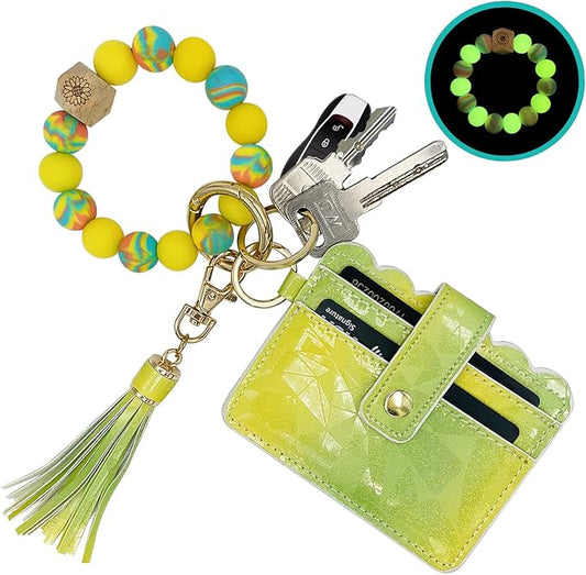 Keychain Wallet Wristlet Small Credit Card Holder Bracelet Key Chain Purse Bangle Tassel Beads Key Rings for Women
