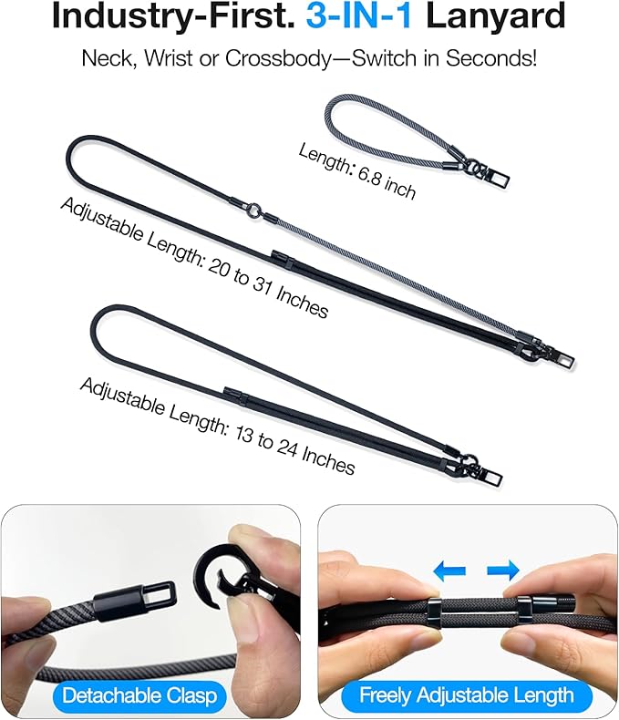 Phone Lanyard Crossbody, 2025 NEW Convertible Neck Strap& Wrist Strap, Adjustable Anti-Theft Lanyard with 2 Phone Tether Tabs, Universal Cell Phone Strap for iPhone 17 Pro Max Case, Black
