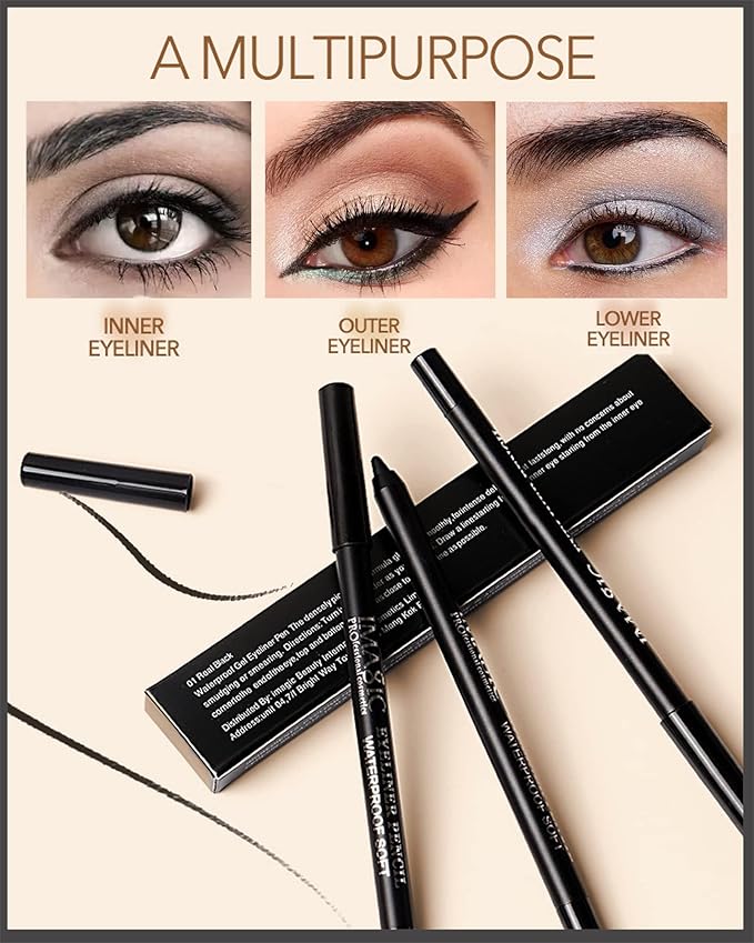 3 Pcs Matte Black Waterproof Smudge-proof Gel Eyeliner Pencil,Fade-Proof Eye Liner Water Line Pencil,Cat Eye/Smoky Eye Makeup Pen,Waterline Gel Eye Liner,Thanksgiving Makeup Gift Set for Women Girl