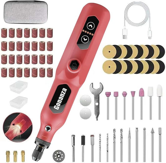 GONANZA Mini Cordless Rotary Tool Kit - 5-Speed with LED Light, Includes 78 Accessories, 3.7V Type-C Rechargeable, Ideal for Grinding, Polishing, Cutting, Engraving, Drilling, and DIY Crafts (Pink)