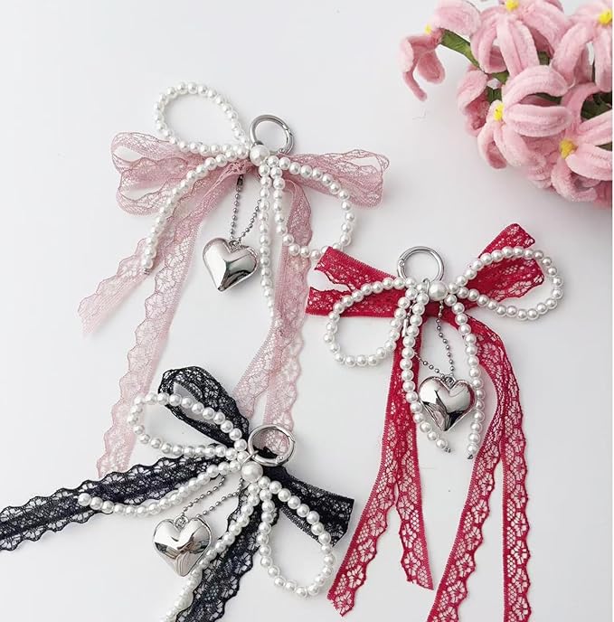 Pearl Bow Keychain Cute Y2k Lace Bowknot Keychain Coquette Aesthetic Accessories Bag Purse Handbag Backpack Charm