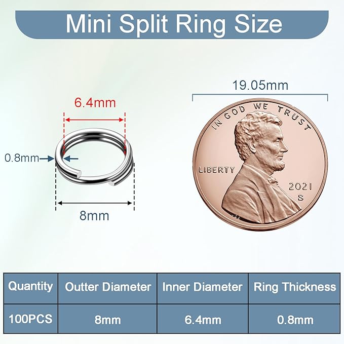 100pcs 8mm Mini Split Ring for Jewelry Making, Double Loops Round Split Jump Rings Necklaces Bracelets Earrings Metal Tiny Keychains Key Rings for Pet Collar Tag DIY Craft Accessories
