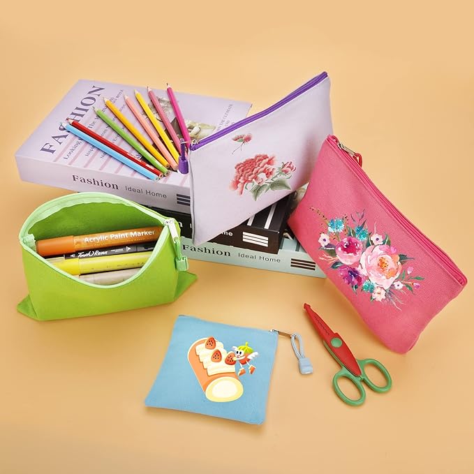 12 Pack DIY Craft Cotton Canvas Bag, Multi-Purpose Cosmetic Bag Makeup Pouches with Zipper Travel Toiletry Bag (XS, Green)