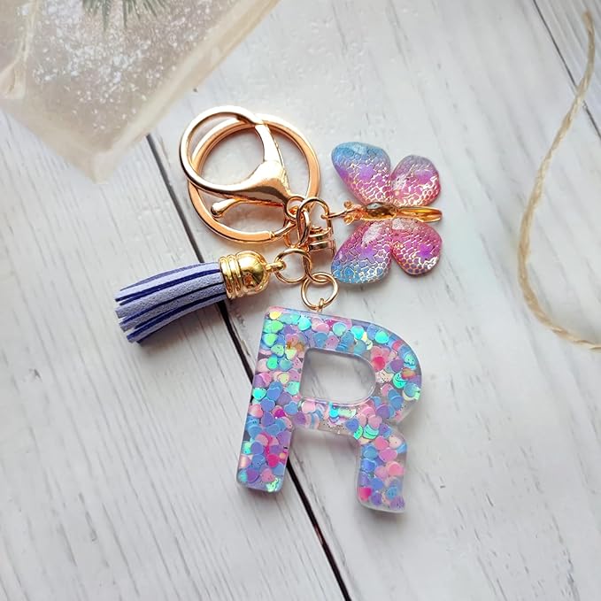 Cute Initial Letter Keychains for Women Girls Tassel Butterfly Pink Purple Green Keychain for Backpack School Bag
