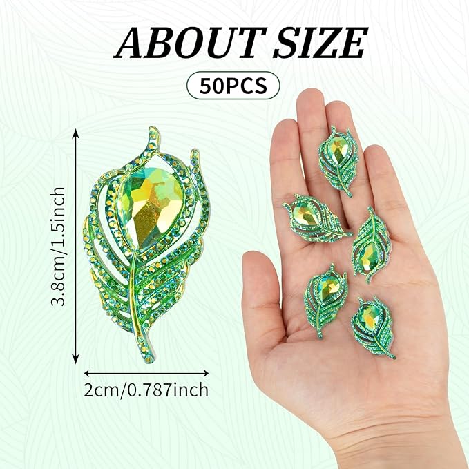 50 Pcs 38mm Feather Resin Accessories Flatback Rhinestone,for Tumblers, Bottles, Clothing DIY Accessories Craft Decoration (Green)