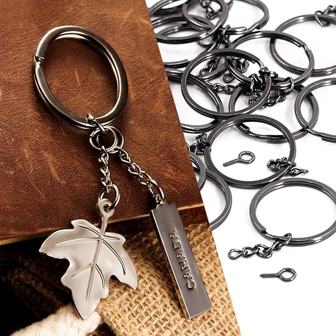 Swpeet 300Pcs 7/5 Inch 35mm Black Flat Key Chain Rings Kit, Including 100Pcs Split Keychain Rings with Chain and 100Pcs Jump Ring with 100Pcs Screw Eye Pins Bulk for Jewelry Findings Making