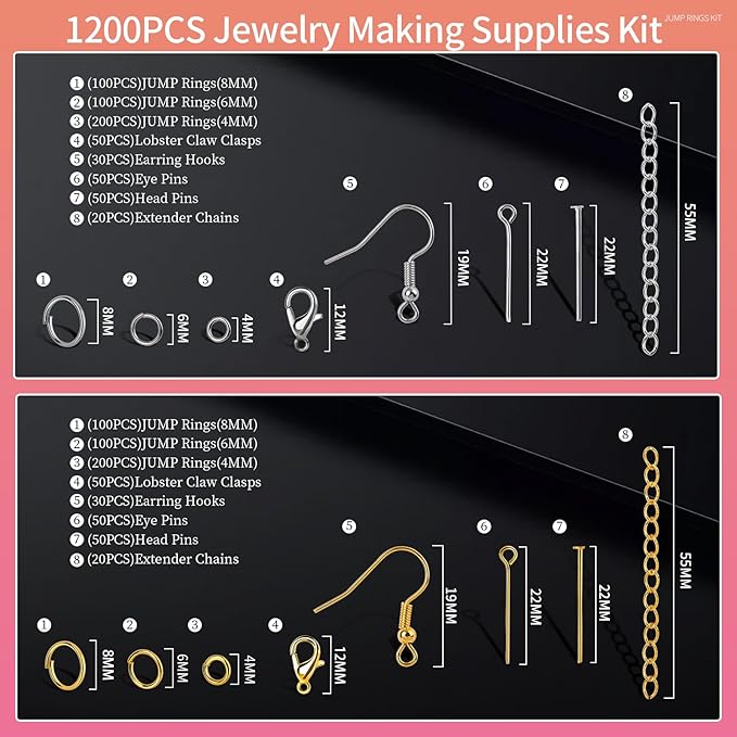 LEOBRO 1200PCS Jewelry Making Supplies, Jump Rings for Jewelry Making, with Earring Hooks Earring Findings, Lobster Claw Clasps and Necklace Extenders