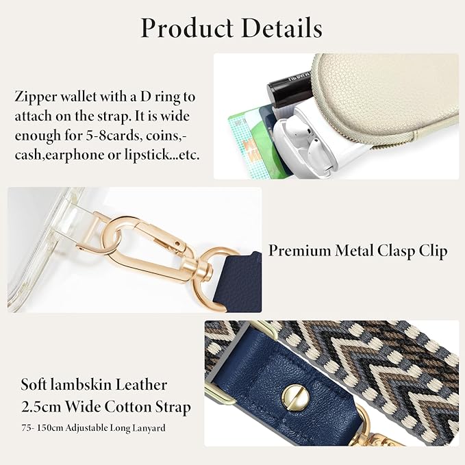 UKON Adjustable Phone Lanyard Crossbody Strap With Wallet Clip-and-Go Strap with Zippered Pouch Widened Phone String for iPhone Hands-Free for Travelling Concerts