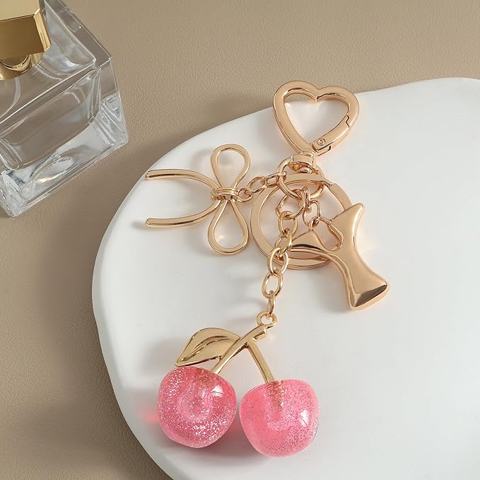 Snycler Bubble Initial Keychain with Cherry & Bow - Gold Letter Bag Charms for Women, Cute Purse Handbag Accessories