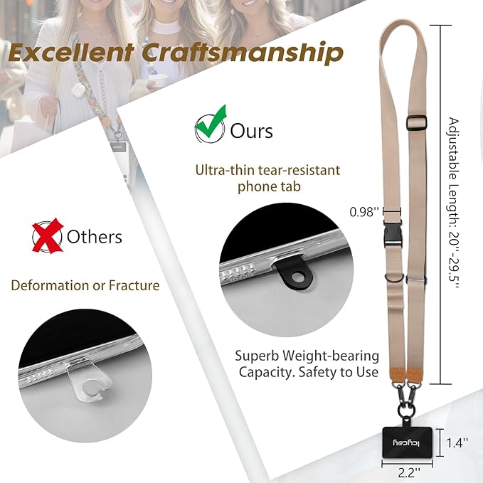 Phone Lanyard Crossbody, Champagne Gold Cell Phone Strap for Around The Neck Adjustable, Anti Theft Cute Lanyard for iPhone Case ID Holder Keys Accessories Travel Essential