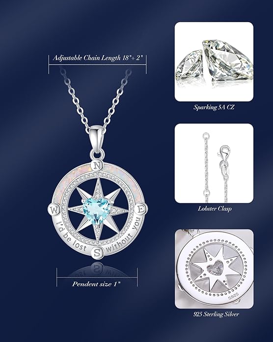 FANCIME Compass Necklace for Women Sterling Silver Compass Jewelry Opal Pendant Fine Jewelry Gemstone Birthday Christmas Gifts for Wife