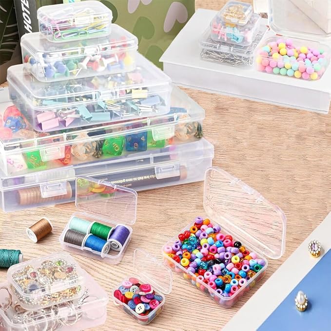 Bead storage container,90pcs of different sizes rectangular mini clear plastic storage box with hinged lid and label for bracelet making DIY jewelry craft nail organizer,(Mix Size-1)