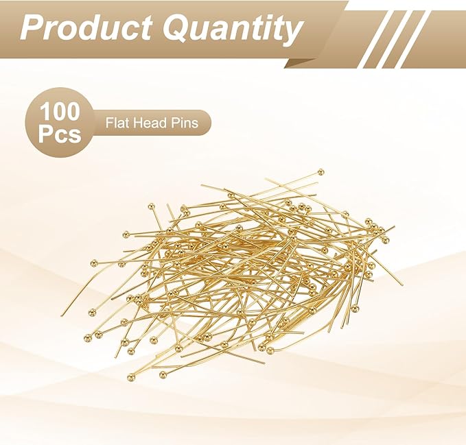 HARFINGTON 100pcs Ball Head Pins 1.38" 35mm Round Head Pins for Earring Pendant Necklace Bracelet Charm Jewelry Making Findings DIY Craft, 18K Gold