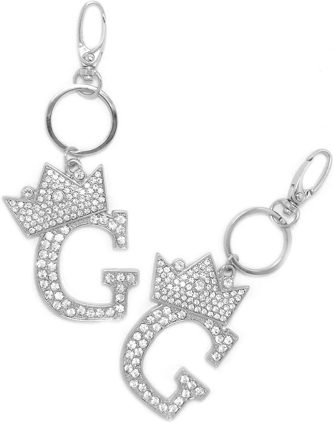 CBC Crown Crystal Rhinestone Letter Initial Keychain, Gold Metal, Bag Charm with Key Ring Approx. 2.17" x 2.56"