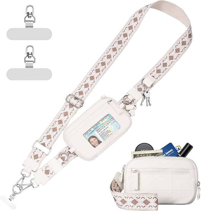Clip and Go Strap for Phone with Wallet Crossbody Phone Lanyard with Anti-Theft Zipper Pouch Detachable Quilted Wrist Wallet with RFID and ID Window for Daily Travel.