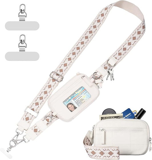 Clip and Go Strap for Phone with Wallet Crossbody Phone Lanyard with Anti-Theft Zipper Pouch Detachable Quilted Wrist Wallet with RFID and ID Window for Daily Travel.
