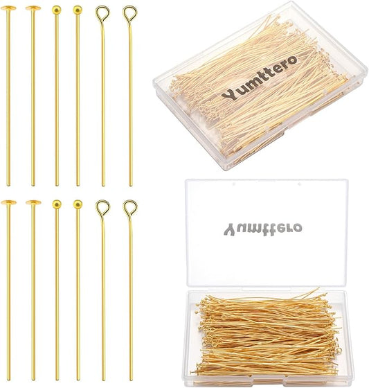 210 Pcs 70mm/2.76 Inch 21 Gauge Eye Pins Head Pins Ball Pins for Jewelry Making, Yumttero Straight Mixed Pin for Craft Earring Bracelet Necklace Pendant Jewelry Making (Mixed Pins,Gold Color)
