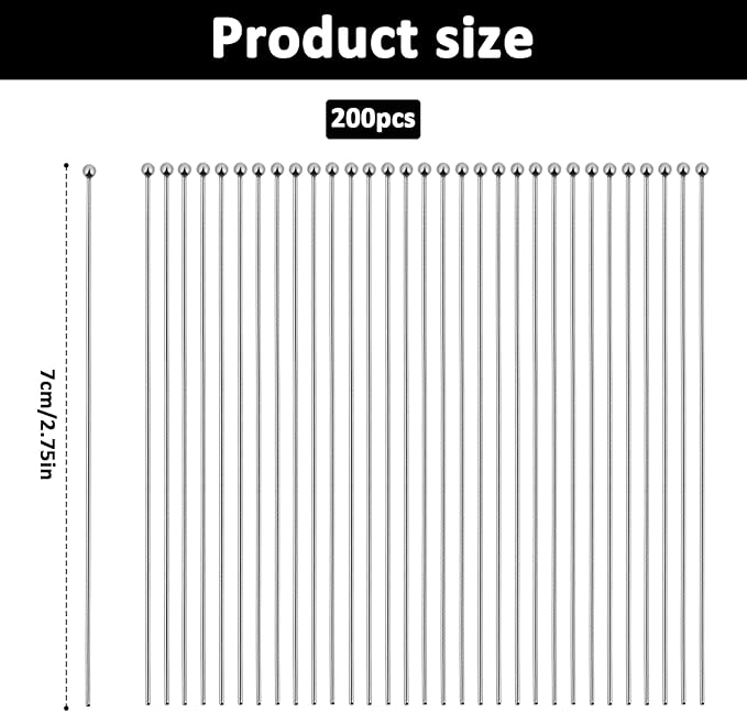 200PCS Head Pins for Jewelry Making, Stainless Steel Eye Pins for Jewelry Making, 70mm Silver Ball Head Pin, Bendable Jewelry Findings for DIY Crafts