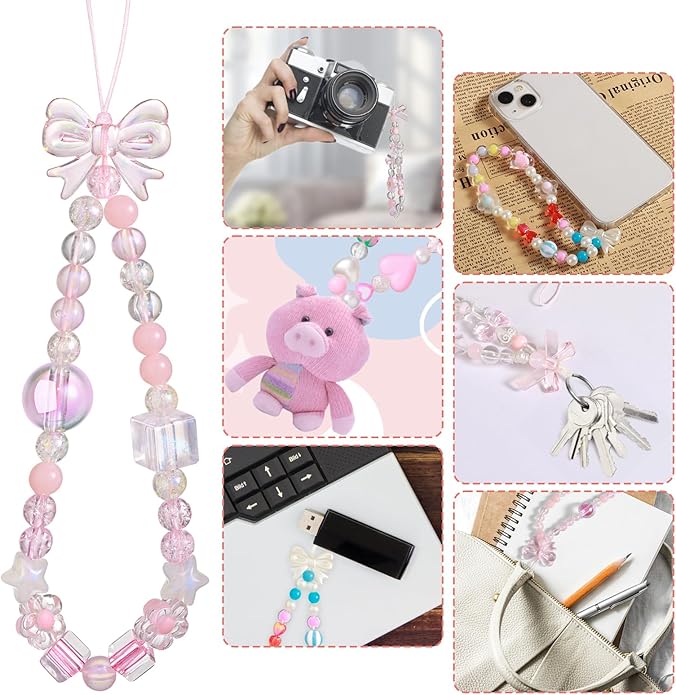 Draupnir 4pcs Phone Charms Strap, Butterfly Bow Camera Strap Wrist Beaded Phone Bracelet Wrist Straps, Pearl Bracelet Lanyard Keychain Charm for Women