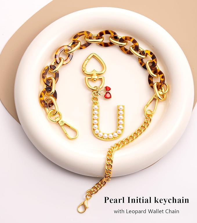 Pearl Initial Keychain with Leopard Bag Charms Wallet Chain Women Cute Alphabet Keychains Charm for Purse Handbag