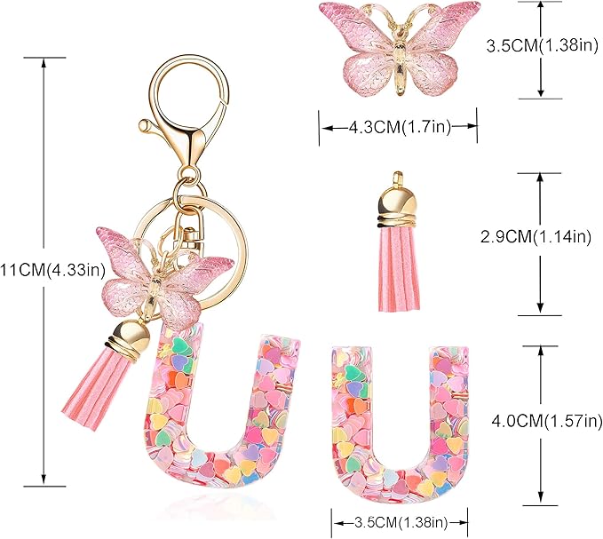 Fashion Alphabet Initial Letter Keychain Tassel Butterfly Pendant Key Ring for Purse Handbags Women Girl