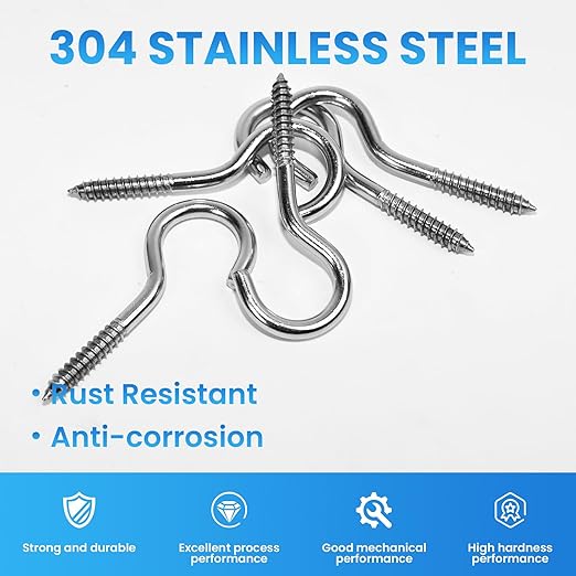 12 Pcs 304 Stainless Steel Screw Eyes Bolts, Screw-in Hooks, M5 Heavy Duty Self Tapping Screw Hooks for Indoor & Outdoor Hanging and Fixing (Open)