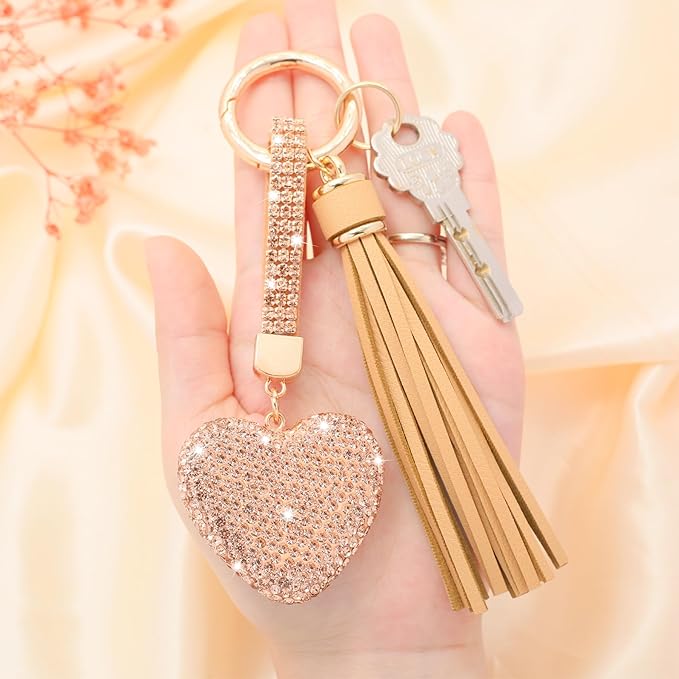 Heart Shape Rhinestone Glitter Keychains for Women Charms Purse Crystal Tassel Car Key Rings Backpacks