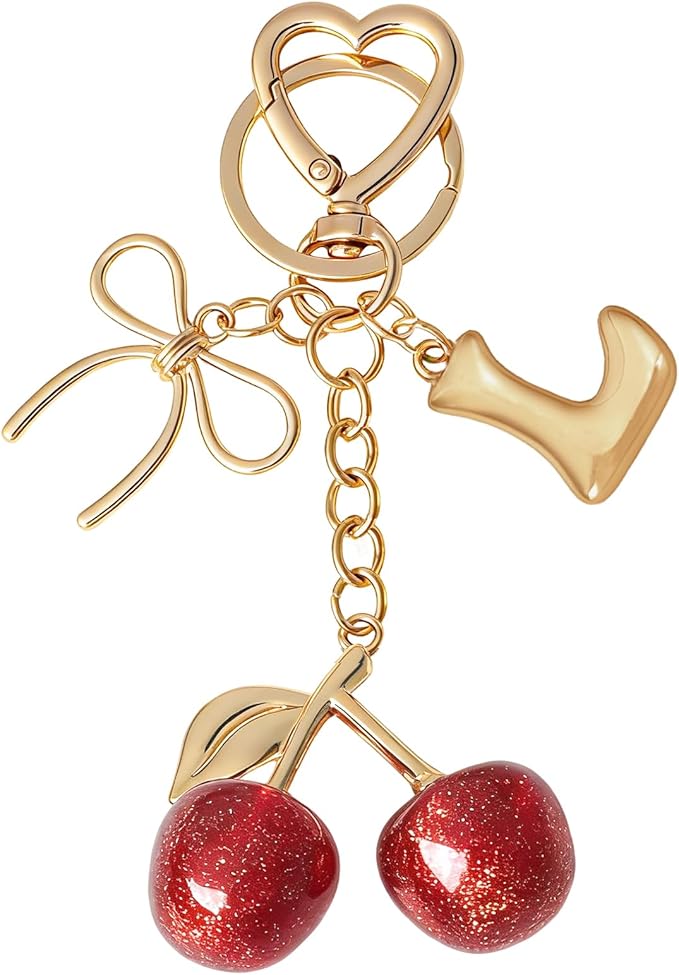 Snycler Bubble Initial Keychain with Cherry & Bow - Gold Letter Bag Charms for Women, Cute Purse Handbag Accessories